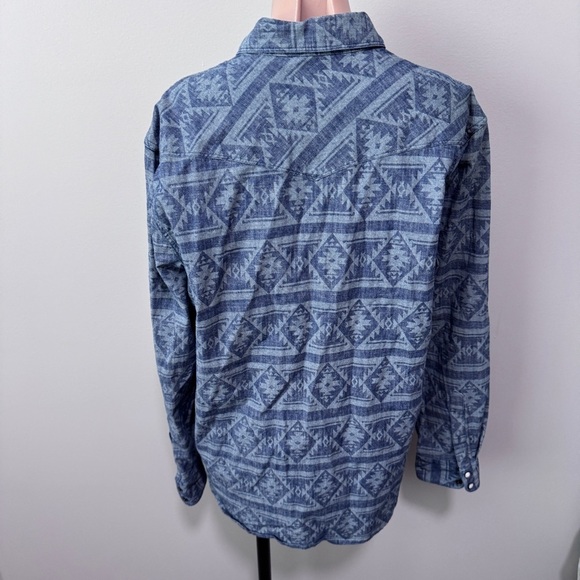 Lucky Brand Men’s Blue Aztec Denim Pearl Snap Shirt Western Saturday Stretch - Picture 4 of 5
